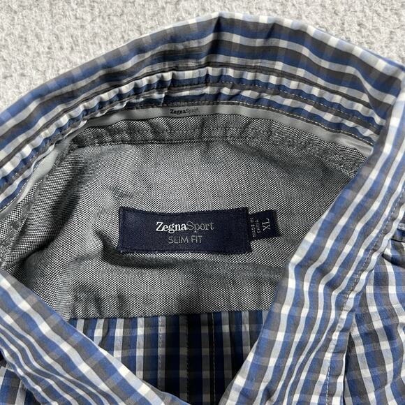 Ermenegildo Zegna Sport Shirt Men XL Blue Check Long Sleeve Button Down Slim Fit - Picture 2 of 16